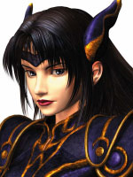 A woman with long black hair, fair skin, red lips, wearing a purple-coloured piece of armour with gold ornaments. Her gaze is serious, her mouth unsmiling.